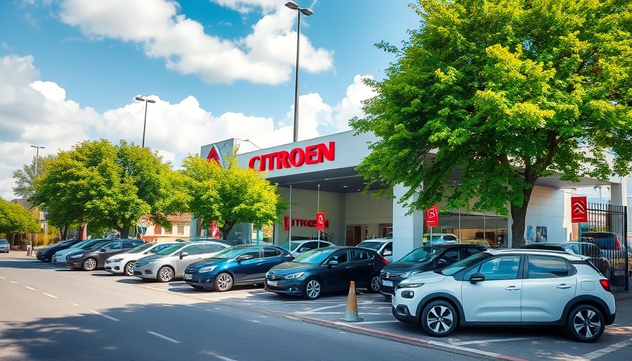 Wilmoths Citroen Winchester dealership with parked cars under cloudy sky.