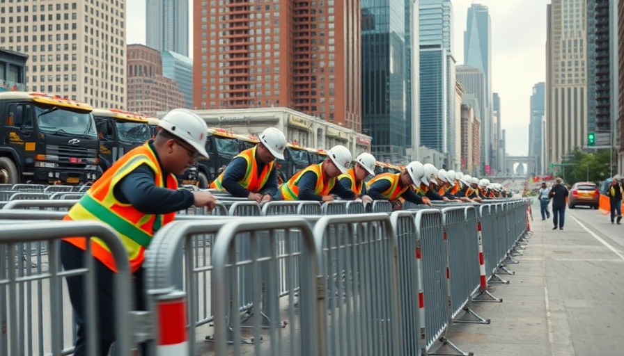 Chicago NASCAR Street Race preparation with workers setting up barriers.