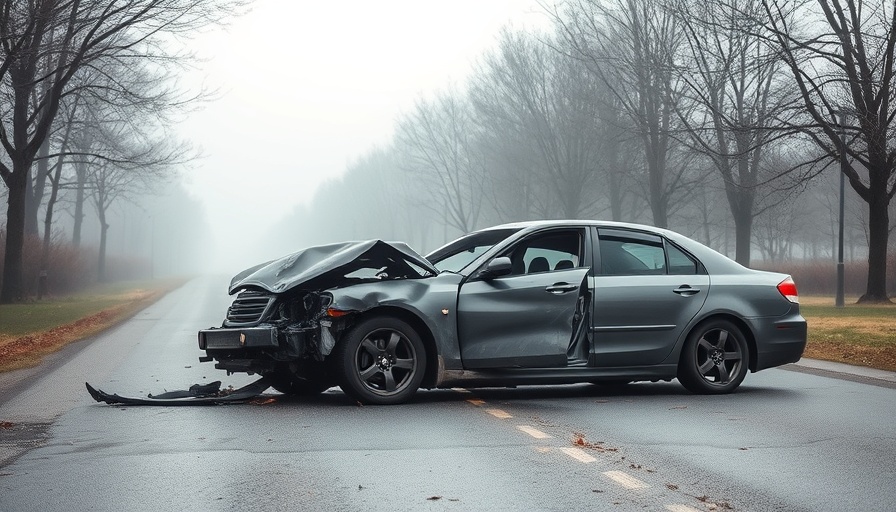 Car accident claims scene with damaged car near foggy park.