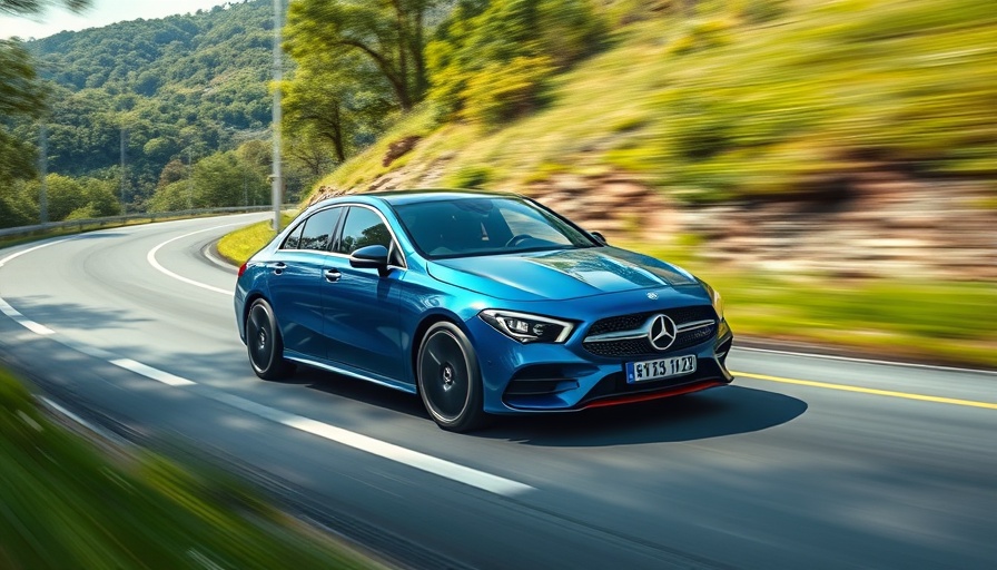 Demand for electric Mercedes CLA, sleek blue car on scenic road.