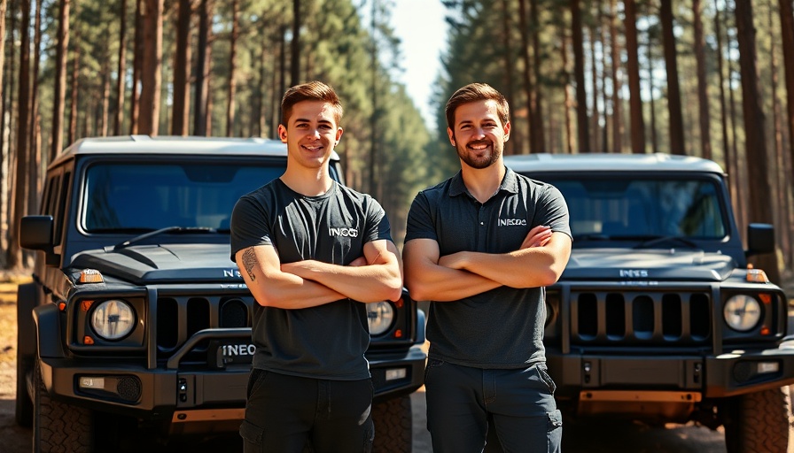 Two young men with INEOS Grenadier SUVs in forest setting for adventure.