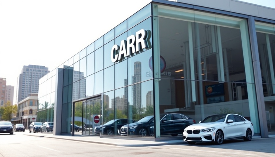 Contemporary car dealership reflecting cityscape under bright lighting.