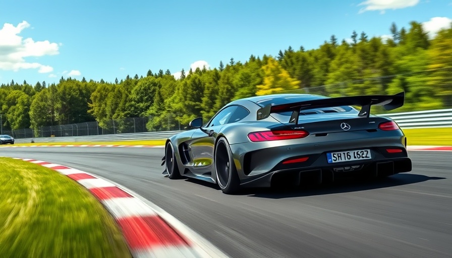 Mercedes AMG One racing on track amid scenic forest.