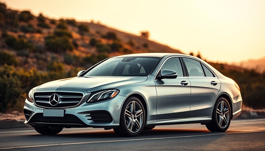 Silver Mercedes-Benz sedan on road with hilly background at sunset.