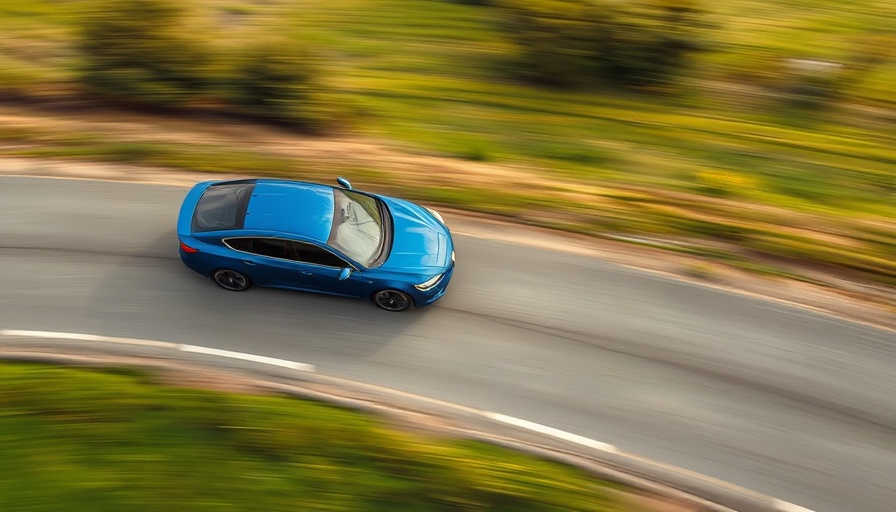 Blue car speeding down a rural road