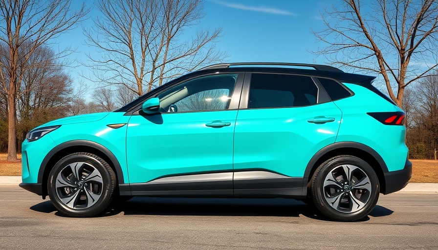 Turquoise electric SUV parked, modern design with trees in the background.