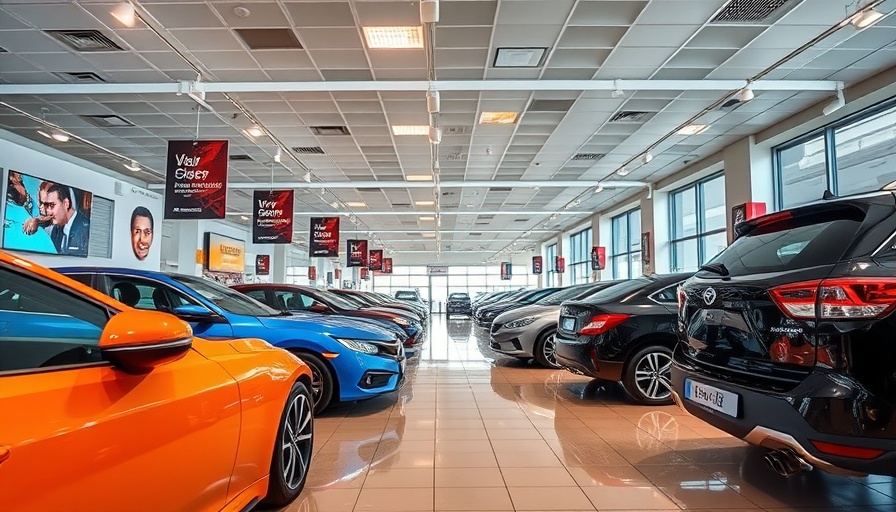 Modern car showroom with diverse vehicles under bright lighting.