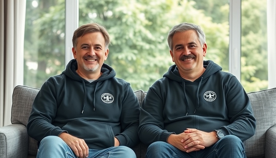 Two men in black hoodies smiling on a sofa with greenery outside.