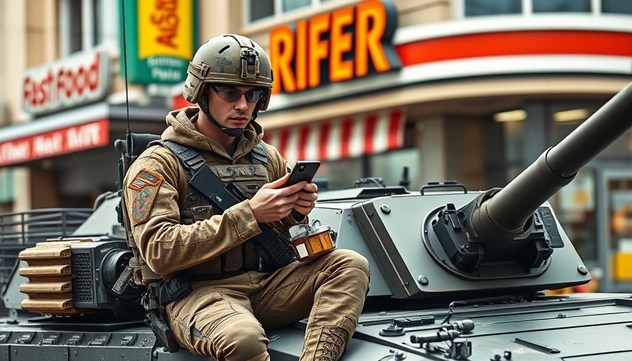 Soldier using smartphone on armored vehicle in urban setting.