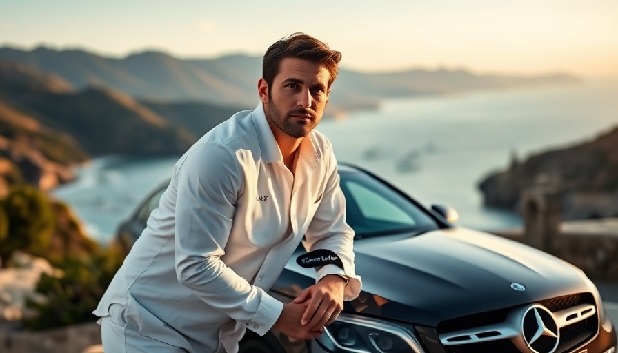 Man standing by Mercedes EQS with coastal view, serene mood.