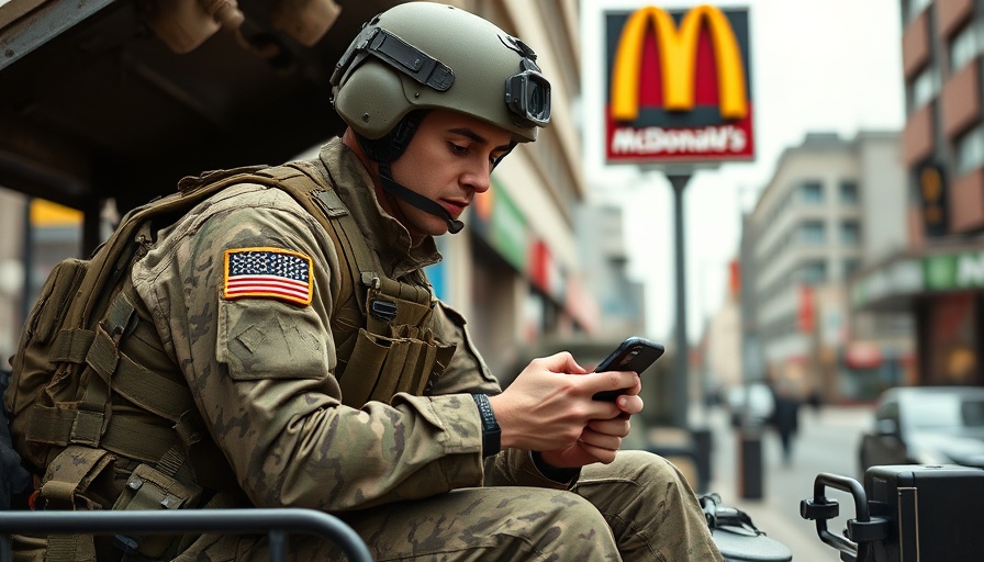 Soldier using smartphone on a tank in city, cost-effective military auto transport solutions backdrop.
