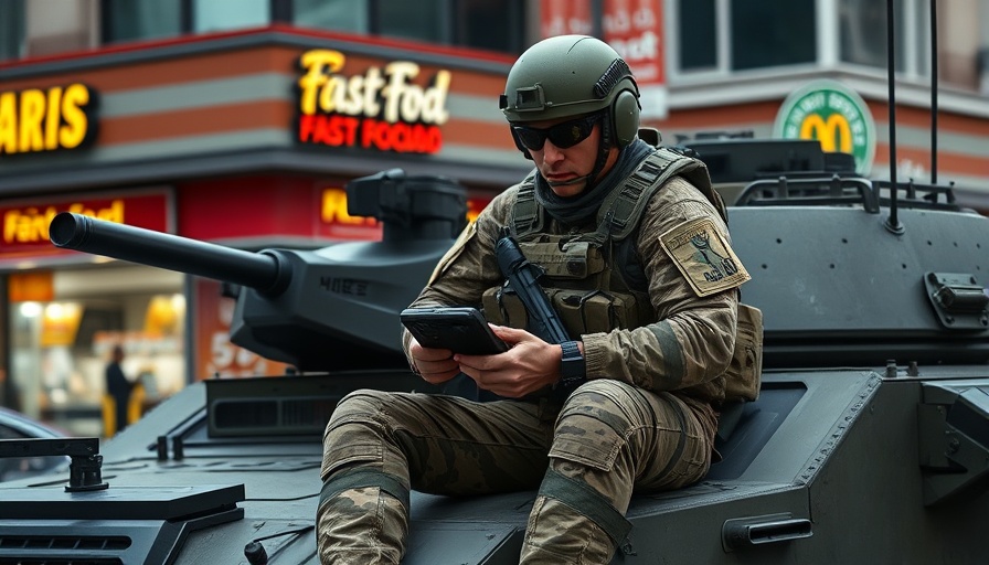 Soldier on armored vehicle in urban setting, checking device.