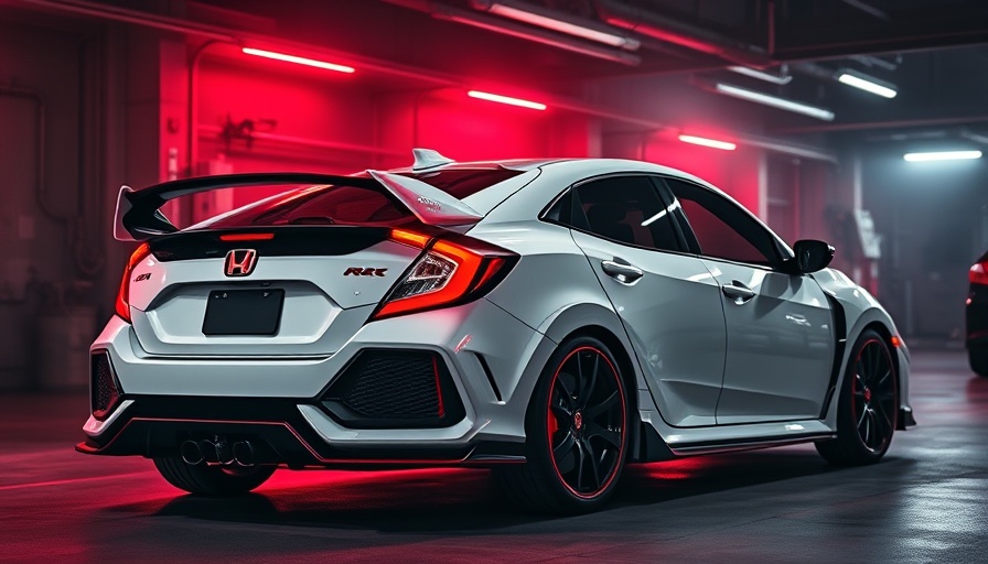 FL5 Honda Civic Type R in a dim garage with red accents celebrating its farewell to Europe.