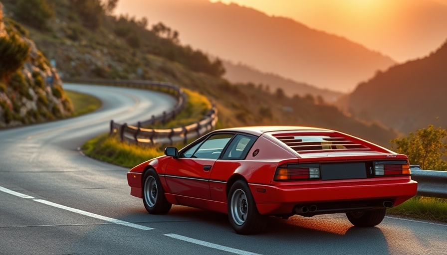 1986 Lotus Esprit Turbo on mountain road at sunset, vibrant red color.