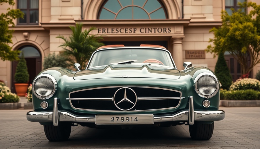 Mercedes Classic Center with historic car, lush greenery.