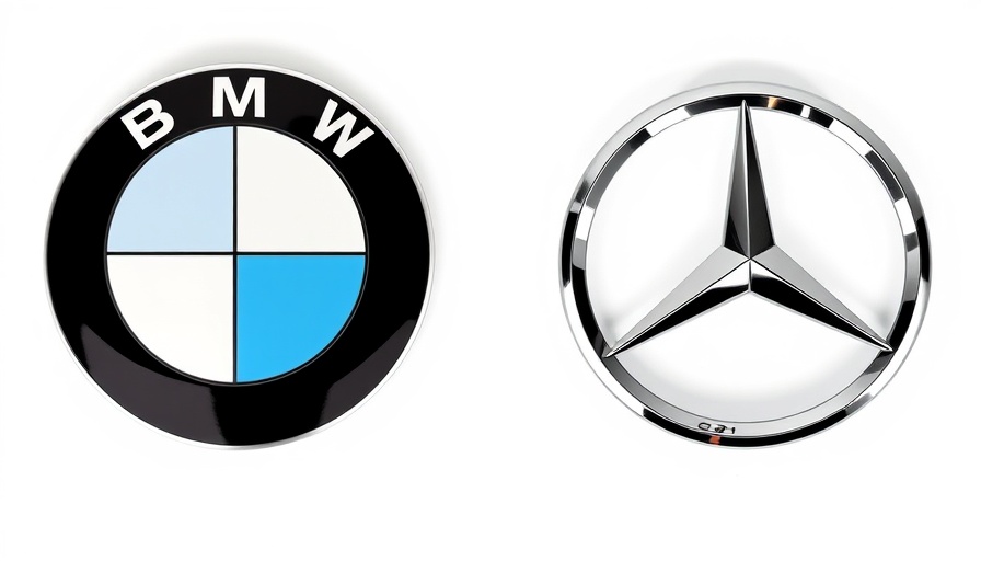 BMW and Mercedes logos side by side, focusing on sales gap 2025.