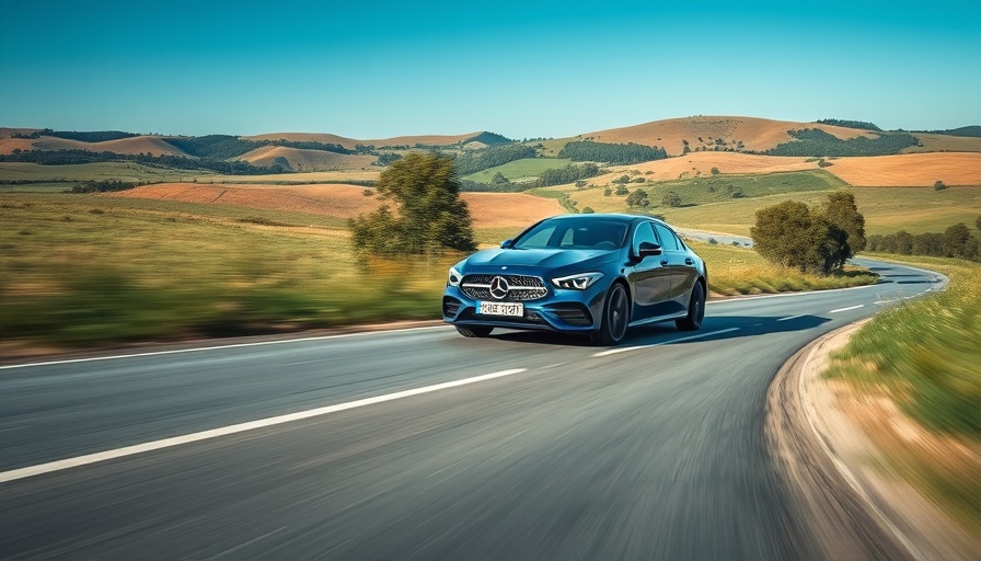 Blue Mercedes CLA with EQ Technology driving on scenic road