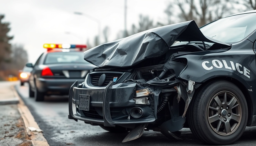 Heavily damaged car after accident with police lights flashing.