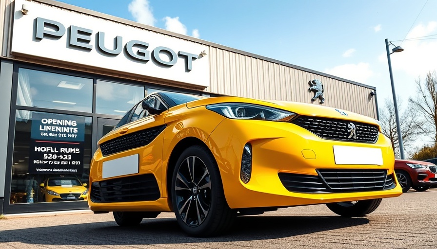 Perrys opens Peugeot dealership in Canterbury, showcasing yellow car.