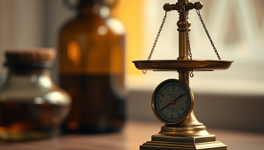 Classic brass balance scale next to a blurred bottle, legal theme.