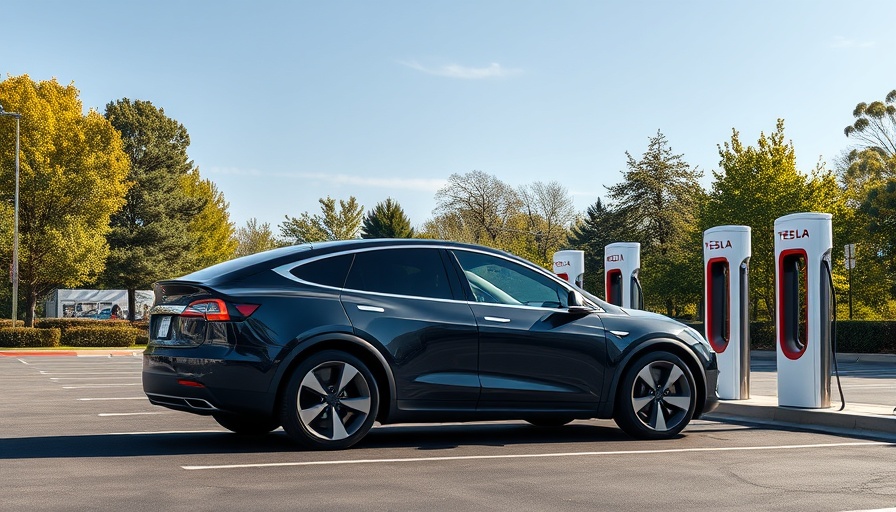 Electric SUV charging at Tesla station under clear sky.