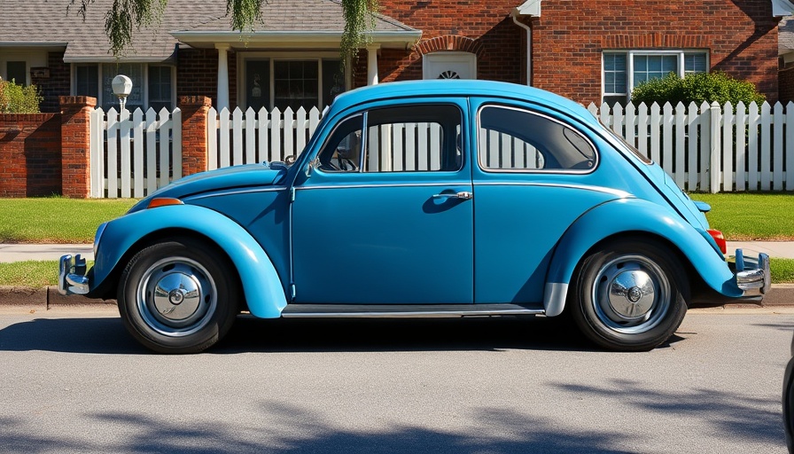 Vintage Volkswagen Beetle parked in front of brick house.