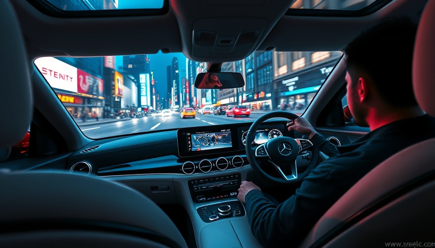 Mercedes interior with advanced systems in futuristic cityscape.