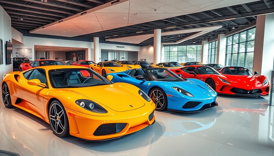 Colorful sports cars in a showroom, vibrant display, buy hybrid cars or trucks in 2025.