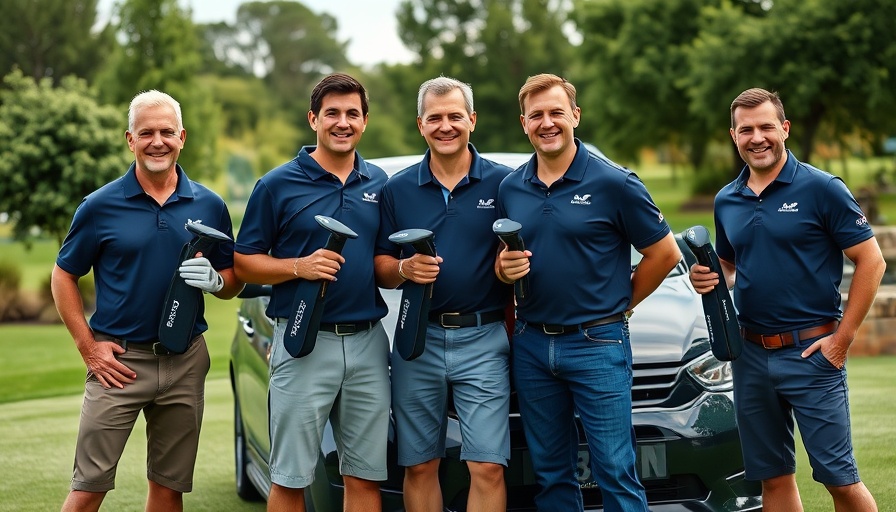 Vertu Golf Challenge participants showcasing clubs next to a branded car for Prostate Cancer UK event.