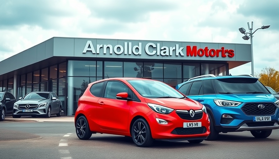 Arnold Clark Motorstore facade with red and blue cars in Northumberland Cumbria.