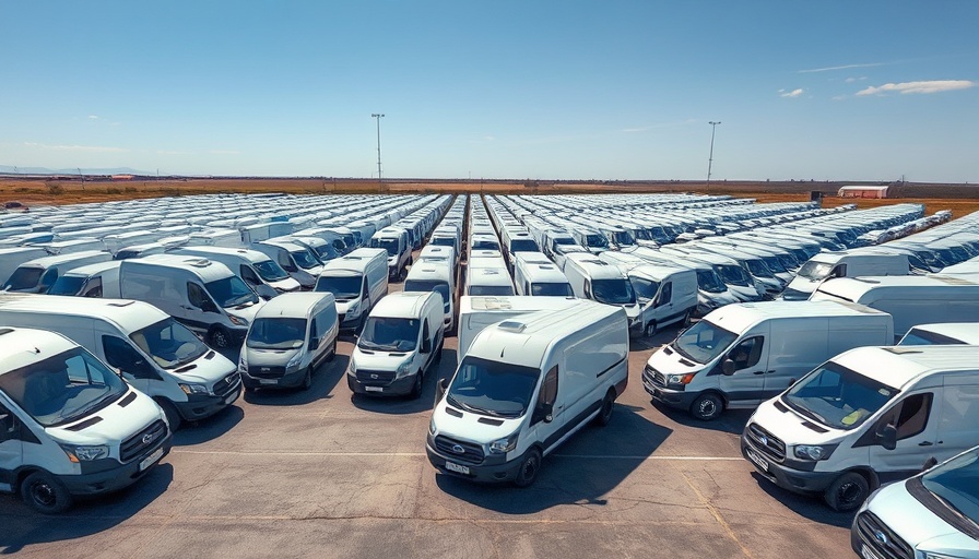 Fleet of ICE and electric vans parked under a blue sky.