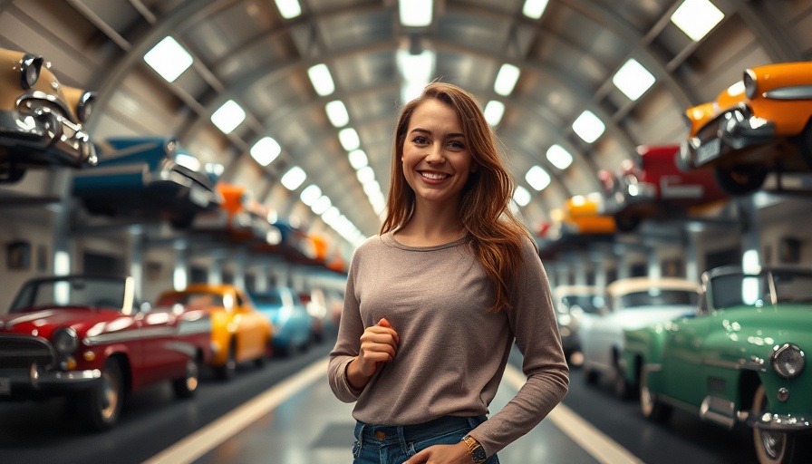Woman in a futuristic tunnel with cars, Auto Trader Deal Builder solution.