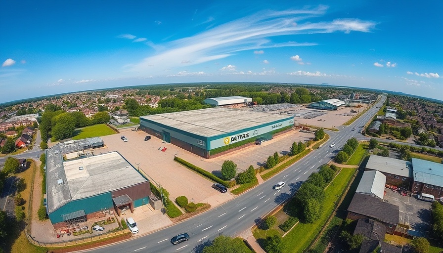 Oak Tyres 45 years in business - Aerial view of industrial warehouse