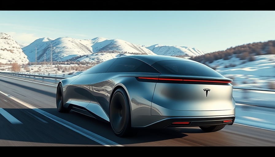 Futuristic Tesla Cybertruck driving through snowy landscape, 2026 model.