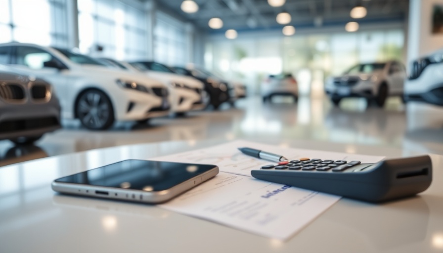 Motor finance transactions in a car showroom with calculator and documents.