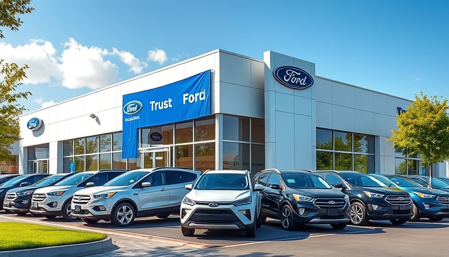 TrustFord Trowbridge Ford dealership exterior with cars and banners.