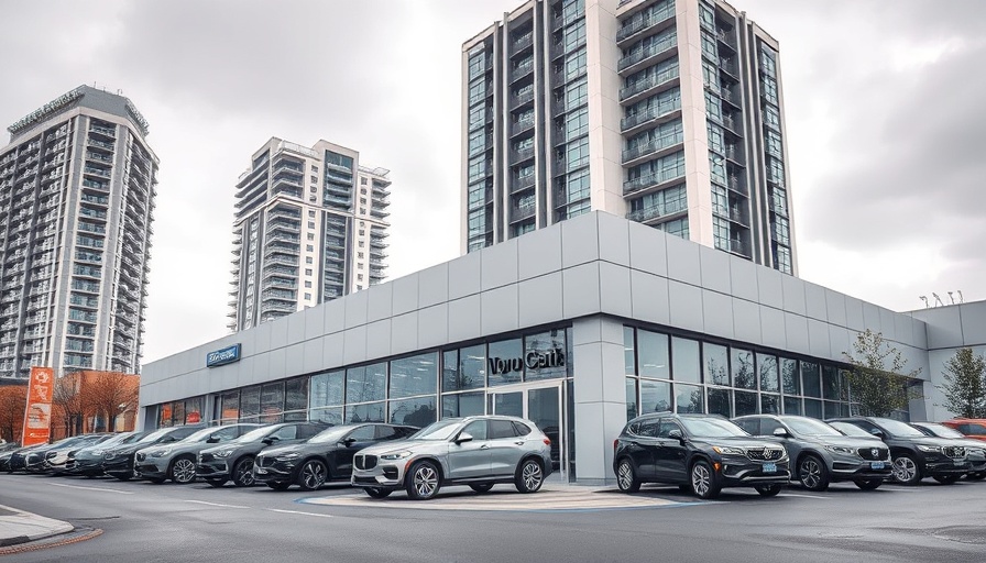 July new car sales at modern car dealership with glass facade