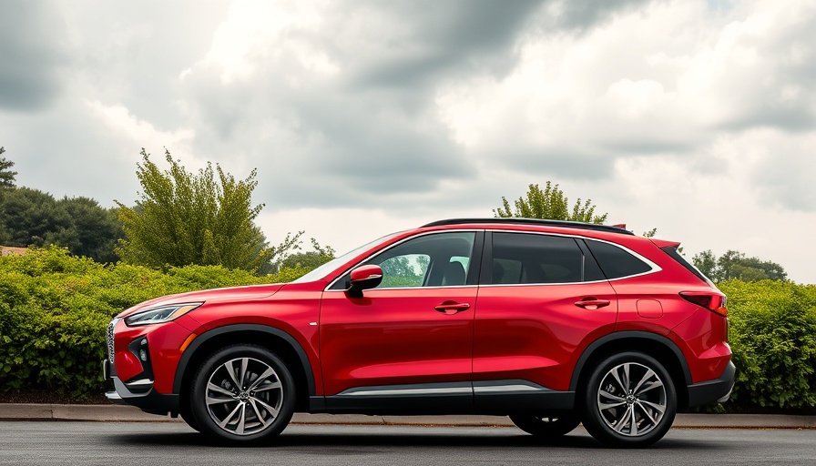 Sleek red SUV parked on rural road under cloudy sky