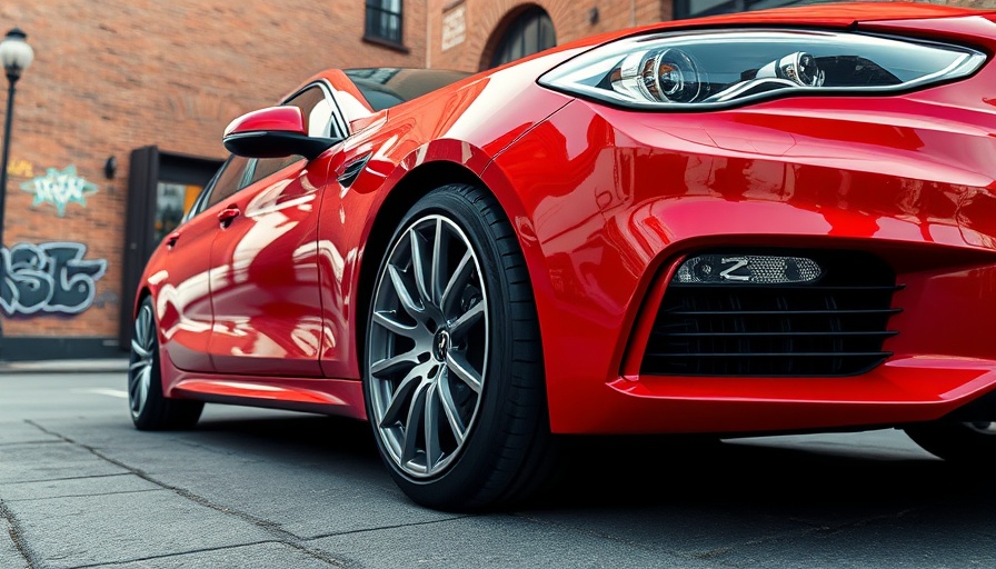 Close-up of a red affordable used car with black wheels in an urban setting.