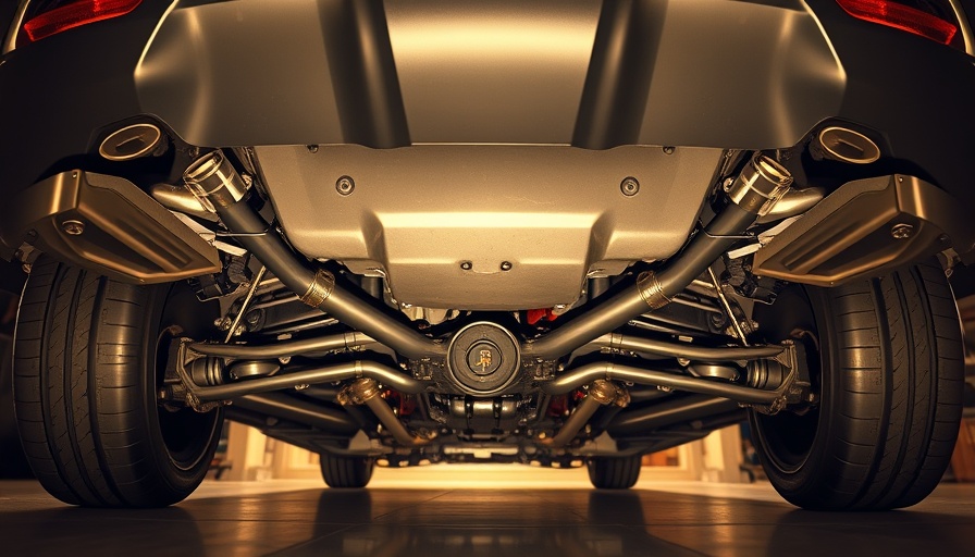 Detailed view of a car's undercarriage highlighting the exhaust system, illustrating the impact of weight reduction on vehicle performance.