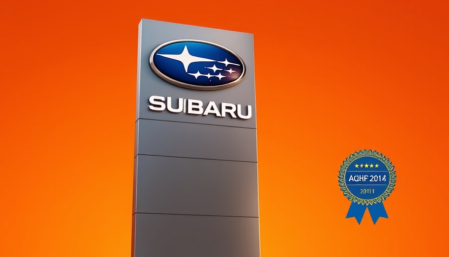 Tall Subaru sign with award badge, Best Car Brand 2025.