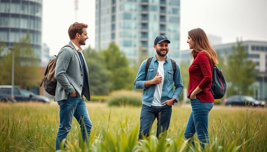 Casual discussion outdoors near office building, none related to car maintenance