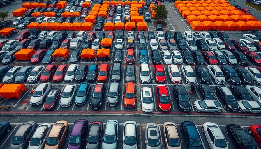Aerial view of cars in a shipping area with orange tents, showcasing car shipping process.