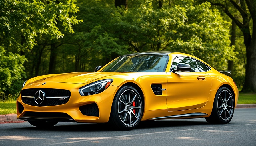 Sleek Mercedes sports car parked on a road, sunny day, lush trees.