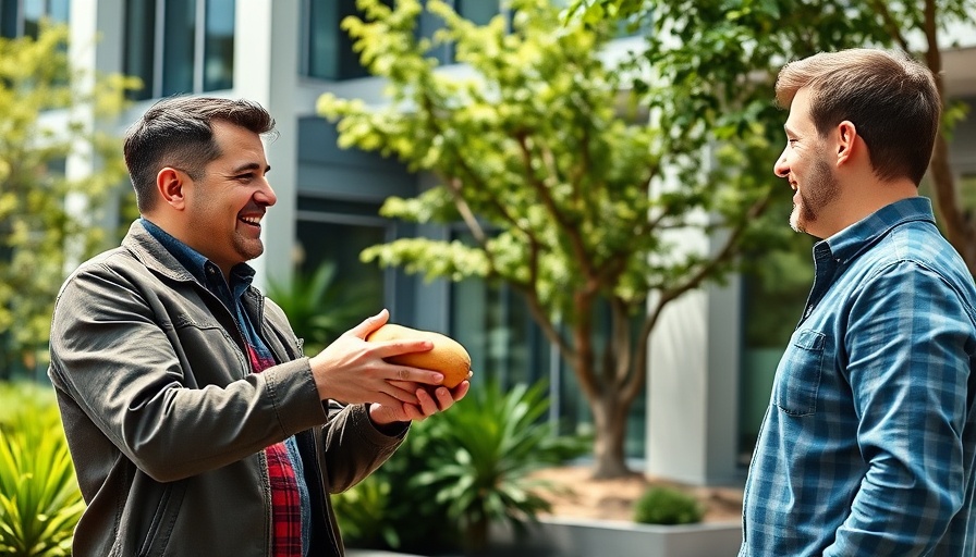 Two men outside a modern building, holding a potato, bright daylight.