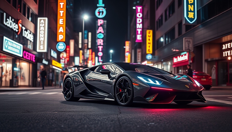 Futuristic Lamborghini Fenomeno electric luxury car on neon-lit street.