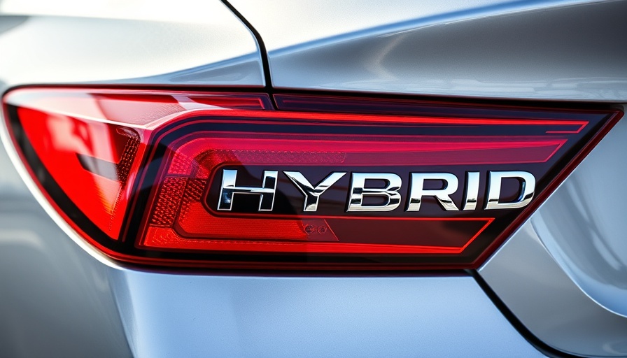 Hybrid car emblem close-up with taillight detail.