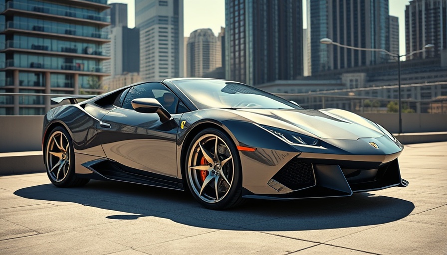 Luxury sports car in urban setting, vibrant sunlight.