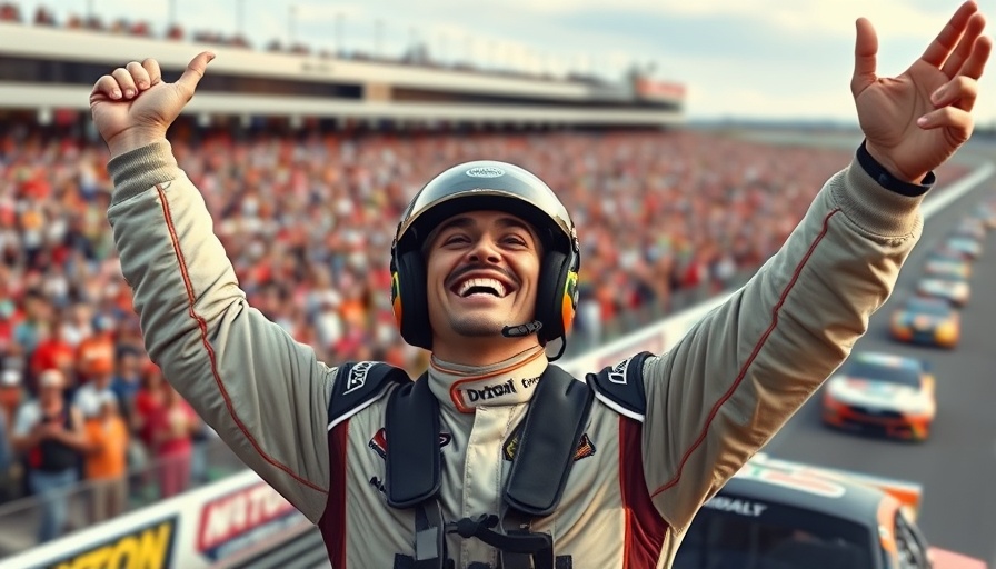 Ryan Blaney celebrating Daytona victory with raised arms at track.
