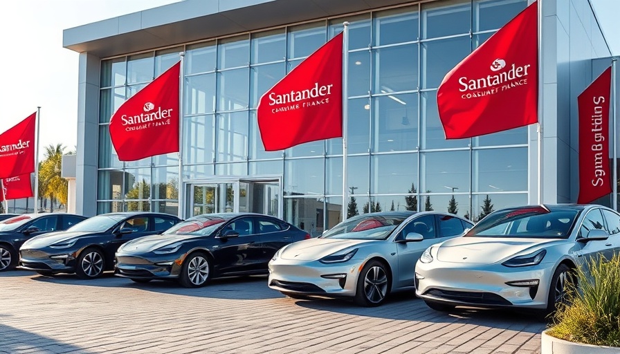 Contemporary car dealership with electric cars and Santander flags.